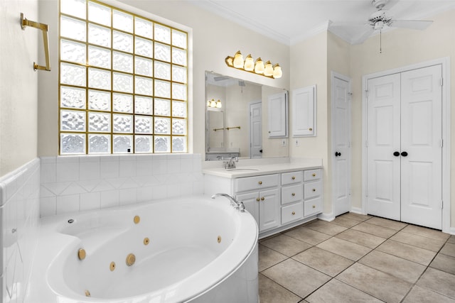 bathroom with tile patterned floors, a wealth of natural light, crown molding, and ceiling fan