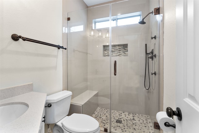 bathroom featuring vanity, toilet, and a shower with shower door