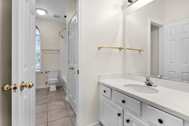 full bathroom featuring tile patterned flooring, vanity, shower / bathtub combination, and toilet