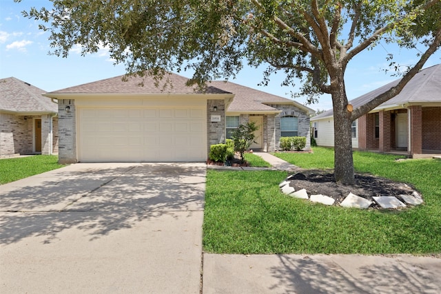 single story home featuring a front yard and a garage