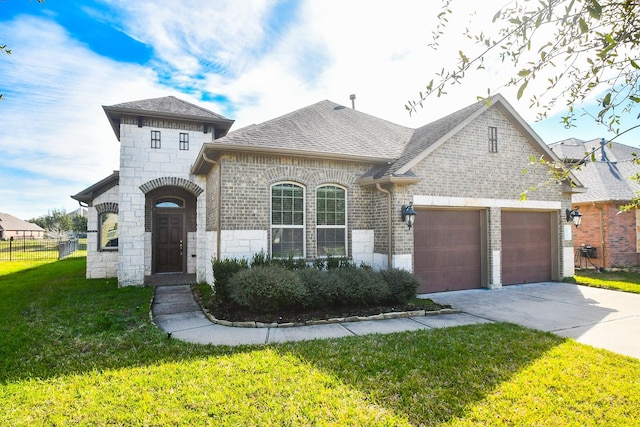 french provincial home featuring a front lawn and a garage