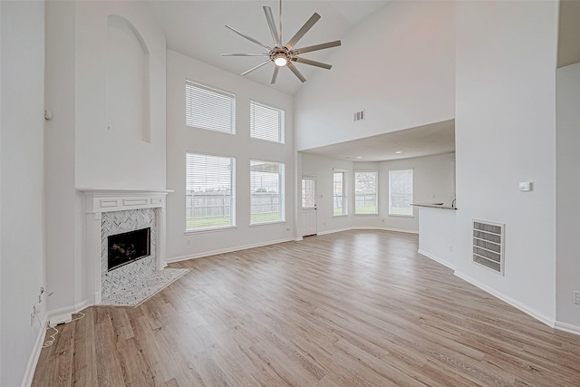 unfurnished living room with light wood-type flooring, high vaulted ceiling, ceiling fan, and a premium fireplace