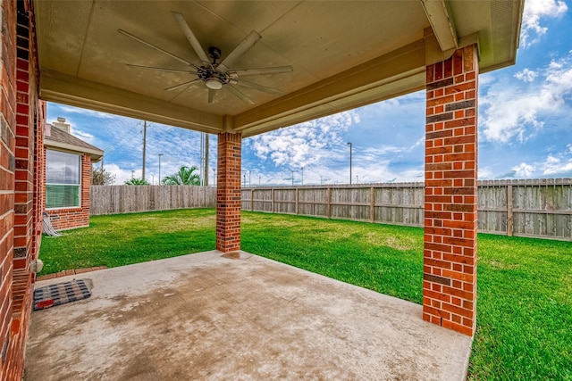 view of patio featuring ceiling fan