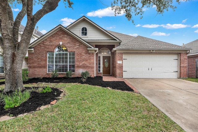 ranch-style house with a garage and a front lawn