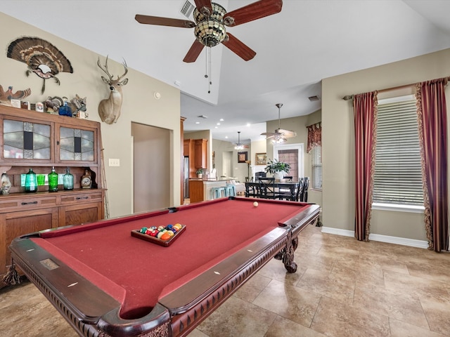 recreation room with ceiling fan and billiards