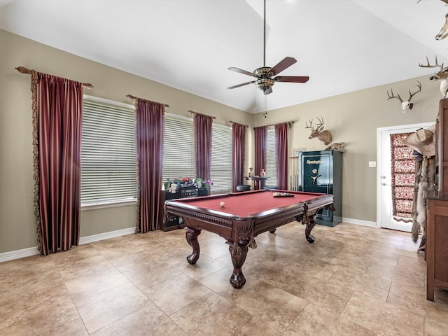 rec room featuring ceiling fan, billiards, and vaulted ceiling