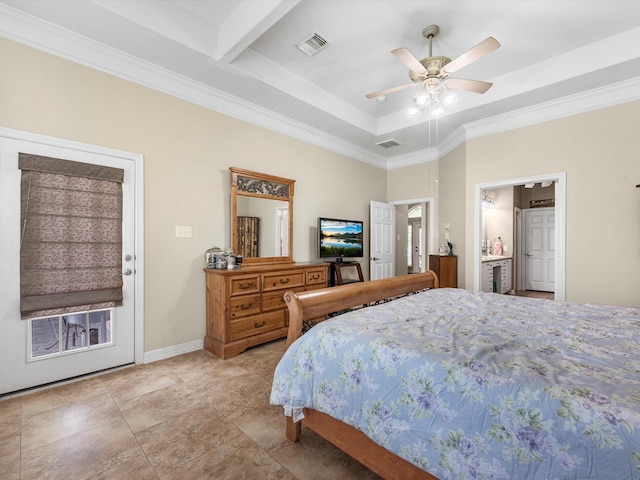 tiled bedroom featuring a tray ceiling, ensuite bath, ceiling fan, and ornamental molding