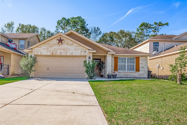 view of front of property with a garage and a front lawn