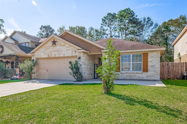 ranch-style home with a garage and a front lawn