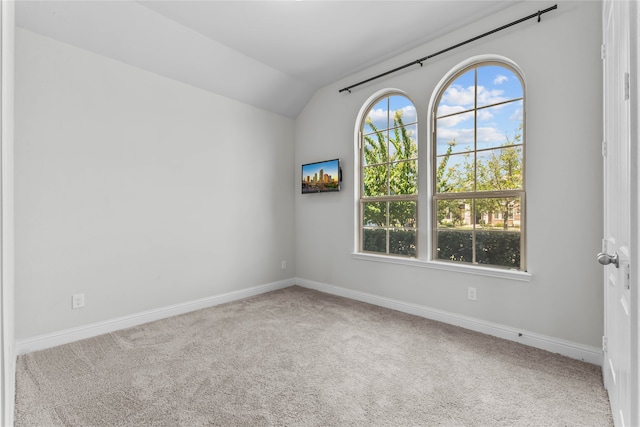 carpeted spare room with lofted ceiling