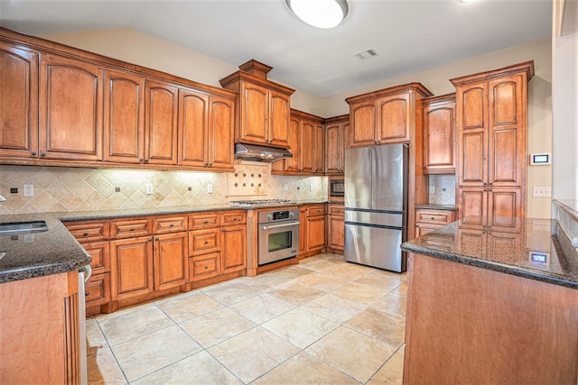 kitchen featuring sink, stainless steel appliances, tasteful backsplash, dark stone countertops, and lofted ceiling