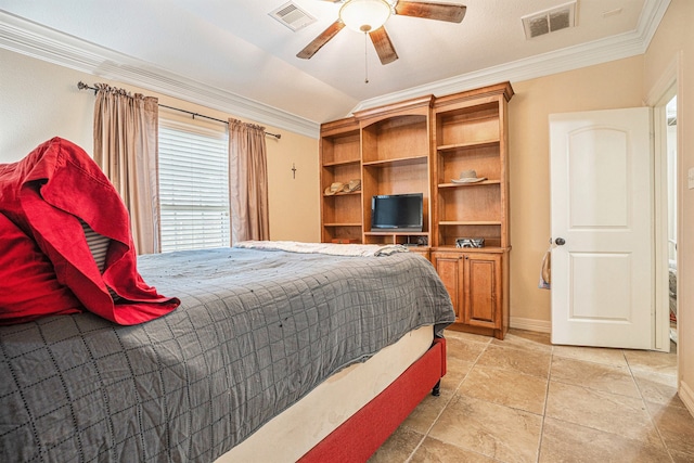 bedroom featuring ceiling fan and crown molding