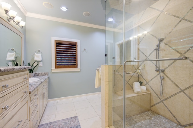 bathroom with tile patterned flooring, vanity, an enclosed shower, and crown molding