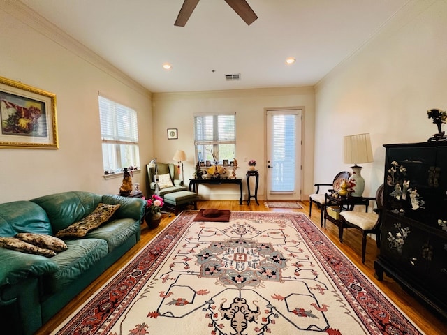 living room with ceiling fan, hardwood / wood-style floors, and ornamental molding