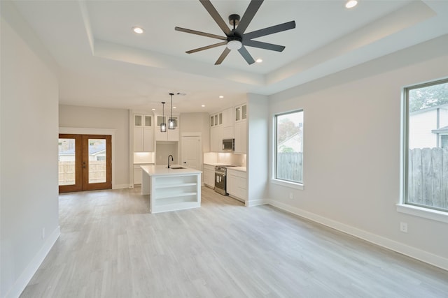 unfurnished living room with a tray ceiling, plenty of natural light, and sink