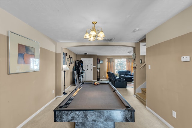 game room featuring billiards, light colored carpet, and an inviting chandelier