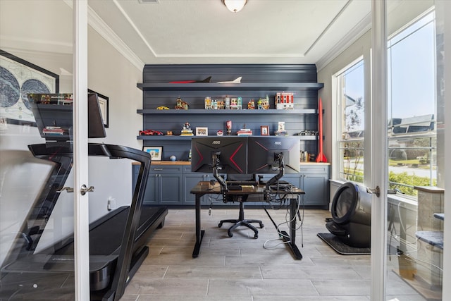 office space featuring crown molding and french doors