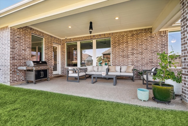 view of patio featuring an outdoor living space and a grill