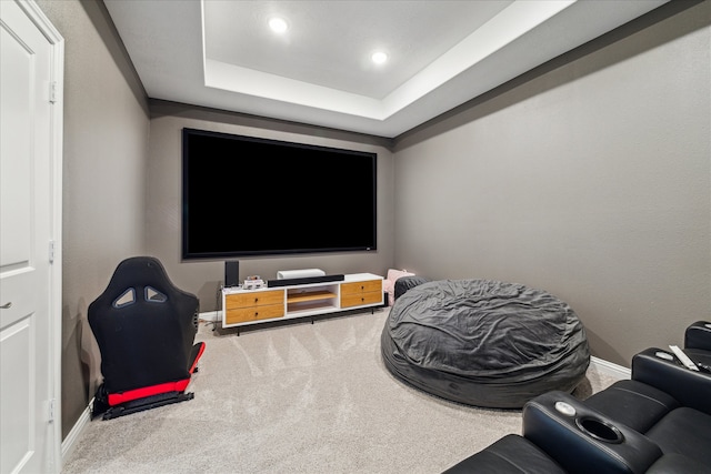 cinema featuring a tray ceiling and carpet floors