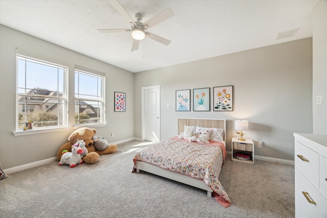 bedroom with ceiling fan and carpet flooring