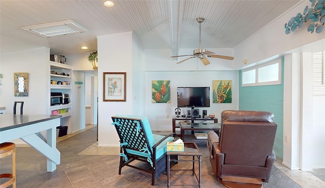 living room featuring beamed ceiling, high vaulted ceiling, and ceiling fan