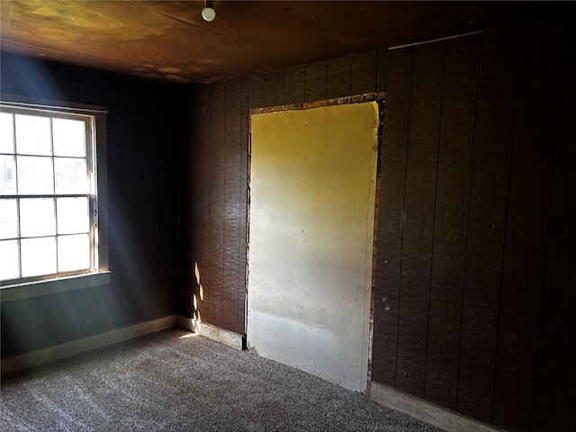 spare room featuring carpet flooring, wood walls, and plenty of natural light