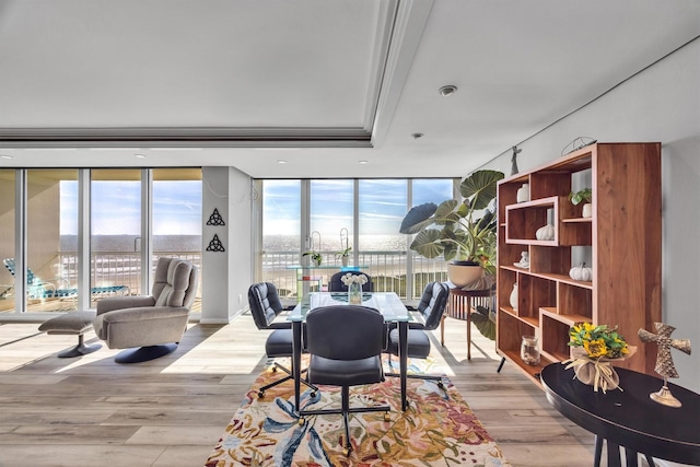 interior space featuring crown molding, a tray ceiling, light hardwood / wood-style floors, and a wall of windows