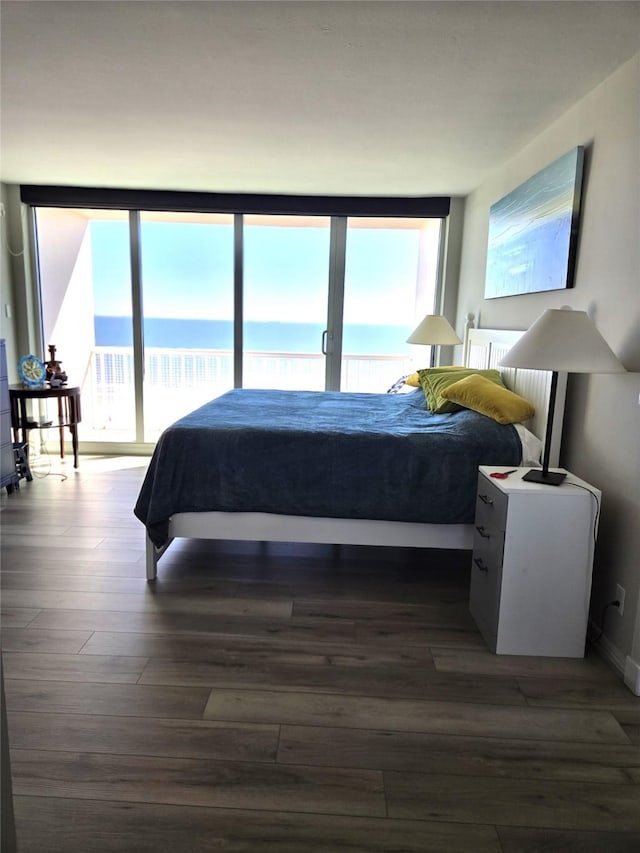 bedroom featuring a water view, dark wood-type flooring, multiple windows, and access to outside