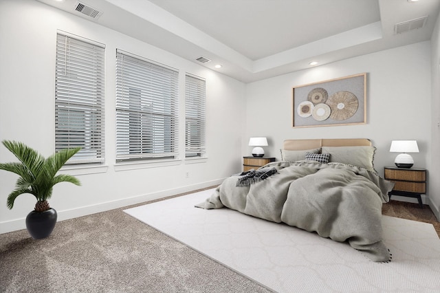 bedroom with a tray ceiling and carpet