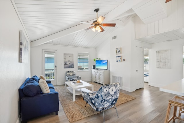 living room with lofted ceiling with beams, hardwood / wood-style flooring, ceiling fan, and wooden ceiling