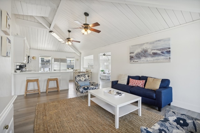 living room featuring lofted ceiling with beams, dark wood-type flooring, and wood ceiling