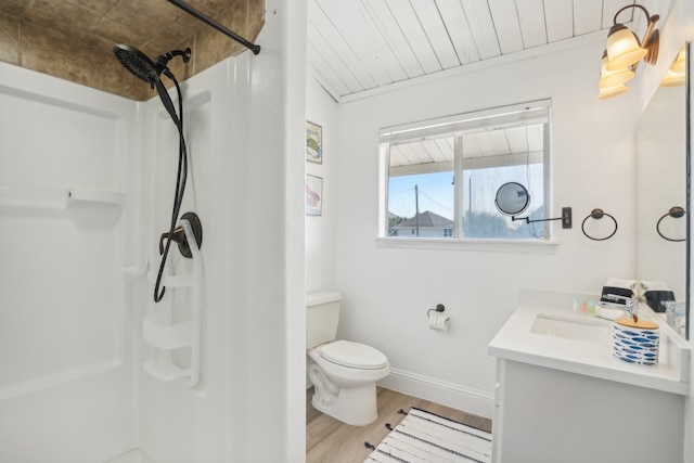 bathroom with walk in shower, wood ceiling, vanity, hardwood / wood-style floors, and toilet