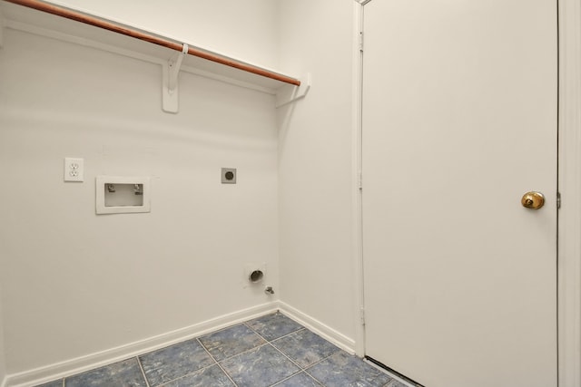 washroom with electric dryer hookup, hookup for a washing machine, and dark tile patterned floors