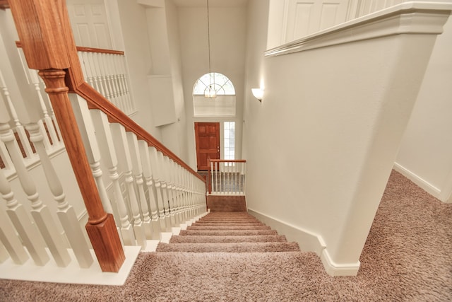 stairway featuring a towering ceiling and carpet floors