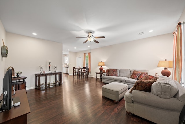 5907 Wedgefield St, Houston, TX 77028 - living room with ceiling fan, recessed lighting, dark wood-style floors, and baseboards