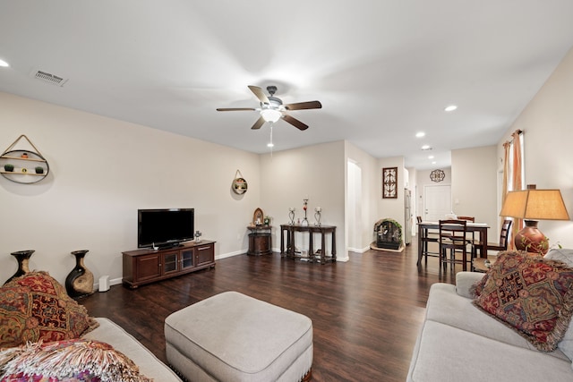 5907 Wedgefield St, Houston, TX 77028 - living area with wood finished floors, a ceiling fan, recessed lighting, and baseboards