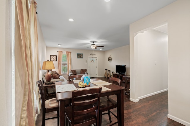 5907 Wedgefield St, Houston, TX 77028 - dining space featuring a ceiling fan, baseboards, dark wood finished floors, and recessed lighting