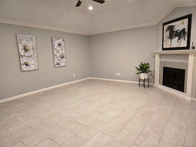 unfurnished living room featuring ceiling fan, lofted ceiling, ornamental molding, and a tiled fireplace