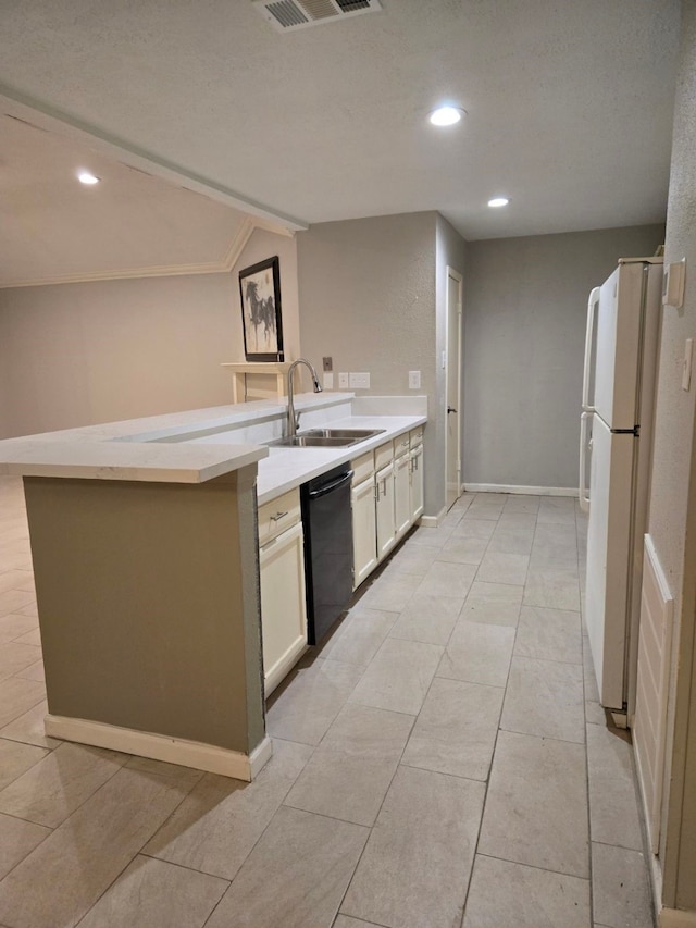 kitchen featuring black dishwasher, white refrigerator, kitchen peninsula, and sink