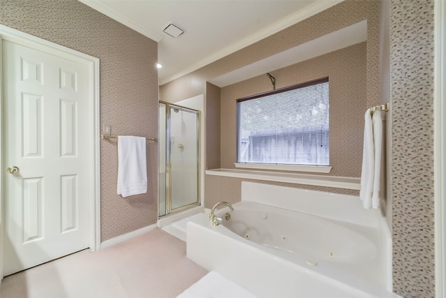 bathroom featuring crown molding and plus walk in shower