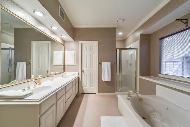 bathroom featuring plus walk in shower, vanity, and crown molding