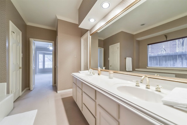 bathroom with vanity and ornamental molding