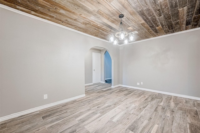 unfurnished dining area with a chandelier, ornamental molding, and wood ceiling