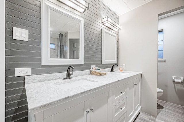 bathroom featuring vanity, wood walls, toilet, and wood-type flooring