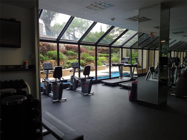 workout area featuring expansive windows and a paneled ceiling