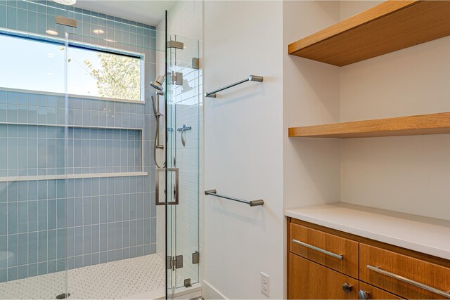 bathroom featuring a shower with shower door