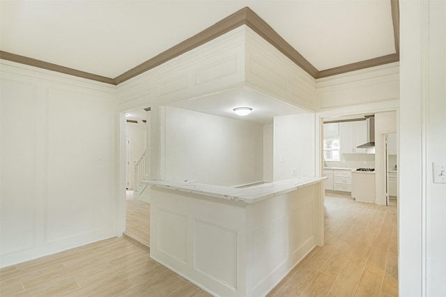 corridor with crown molding and light wood-type flooring