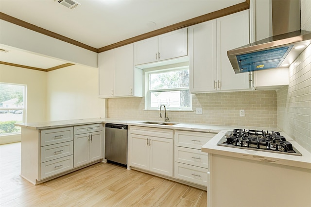 kitchen featuring wall chimney range hood, sink, appliances with stainless steel finishes, white cabinetry, and kitchen peninsula