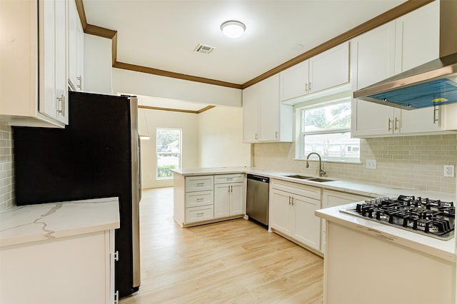 kitchen featuring sink, stainless steel appliances, white cabinets, kitchen peninsula, and wall chimney exhaust hood