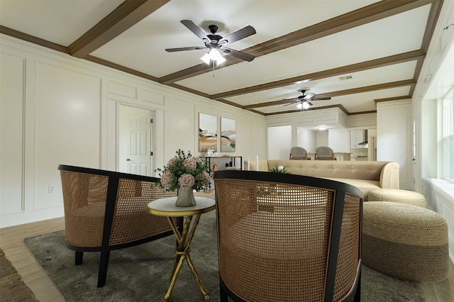 bar with ceiling fan, dark hardwood / wood-style floors, ornamental molding, white cabinets, and beamed ceiling